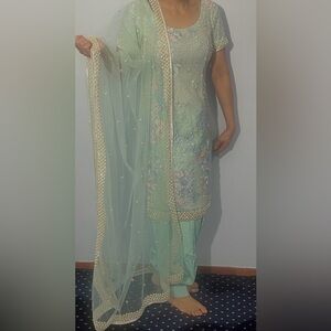 Elegant Mint Green pearl work Embroidered dress